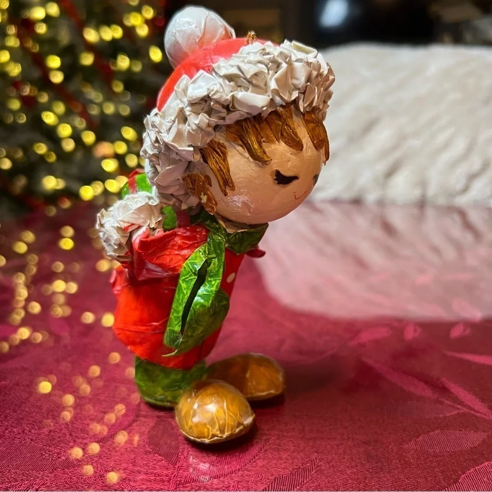 Paper Mache Christmas Caroler W/ Gift Behind Back Red Green 6” Tall Stands Up
